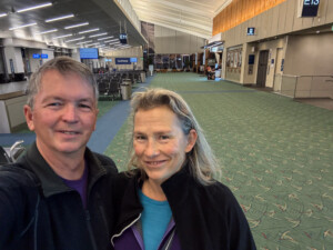 Brad and Maren at PDX airport, getting ready to start the 2026 Paragliding Season in Costa Rica.
