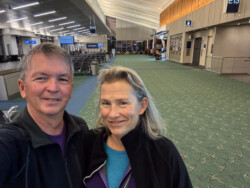 Already exhausted, and the trip is only just beginning! Brad and Maren at PDX airport, getting ready to start the 2026 Paragliding Season in Costa Rica.