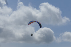 Working it! Paraglider, turning in lift with puffy cumulus behind.